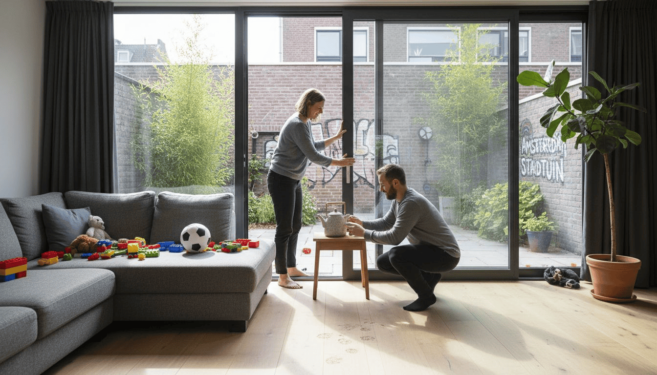 Een moderne woonkamer met een schuifpui die openstaat, waar het zonlicht mooi naar binnen valt.