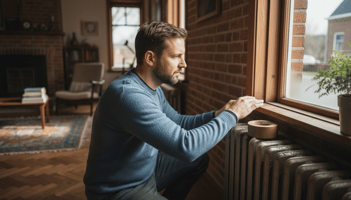 Een huiseigenaar controleert de kozijnen op tocht en kijkt of de isolatie nog in orde is.