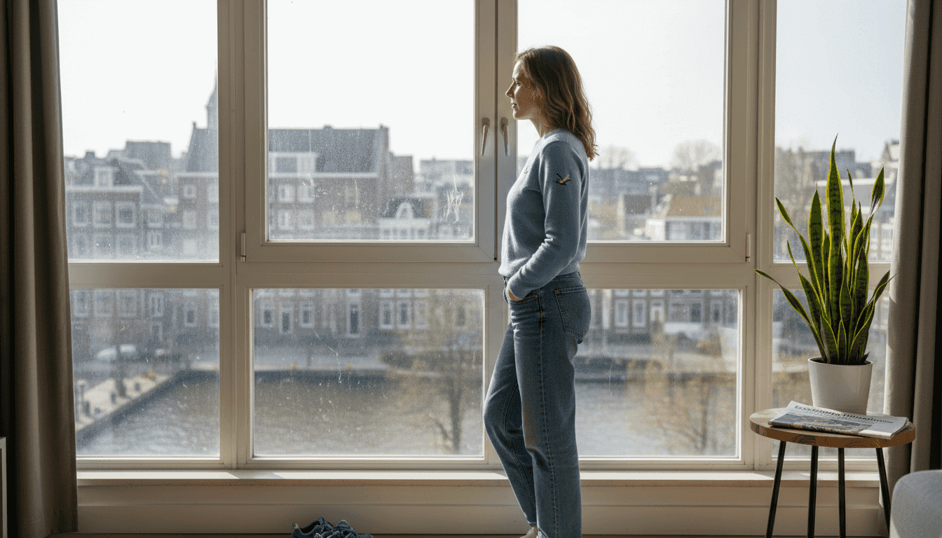 Een vrouw staat bij een raam met aluminium kozijnen terwijl het daglicht naar binnen valt.