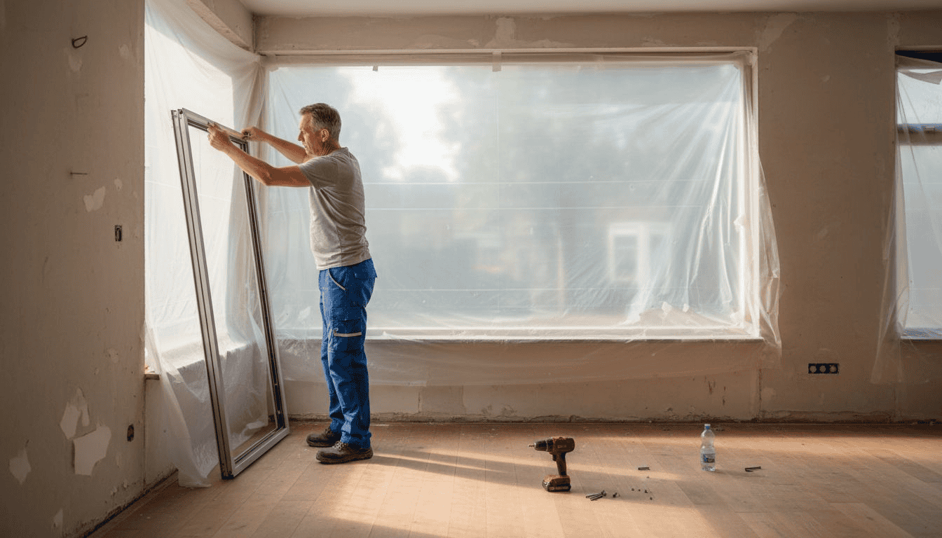 Een vakman plaatst een nieuw raam in een karakteristiek Utrechts herenhuis.