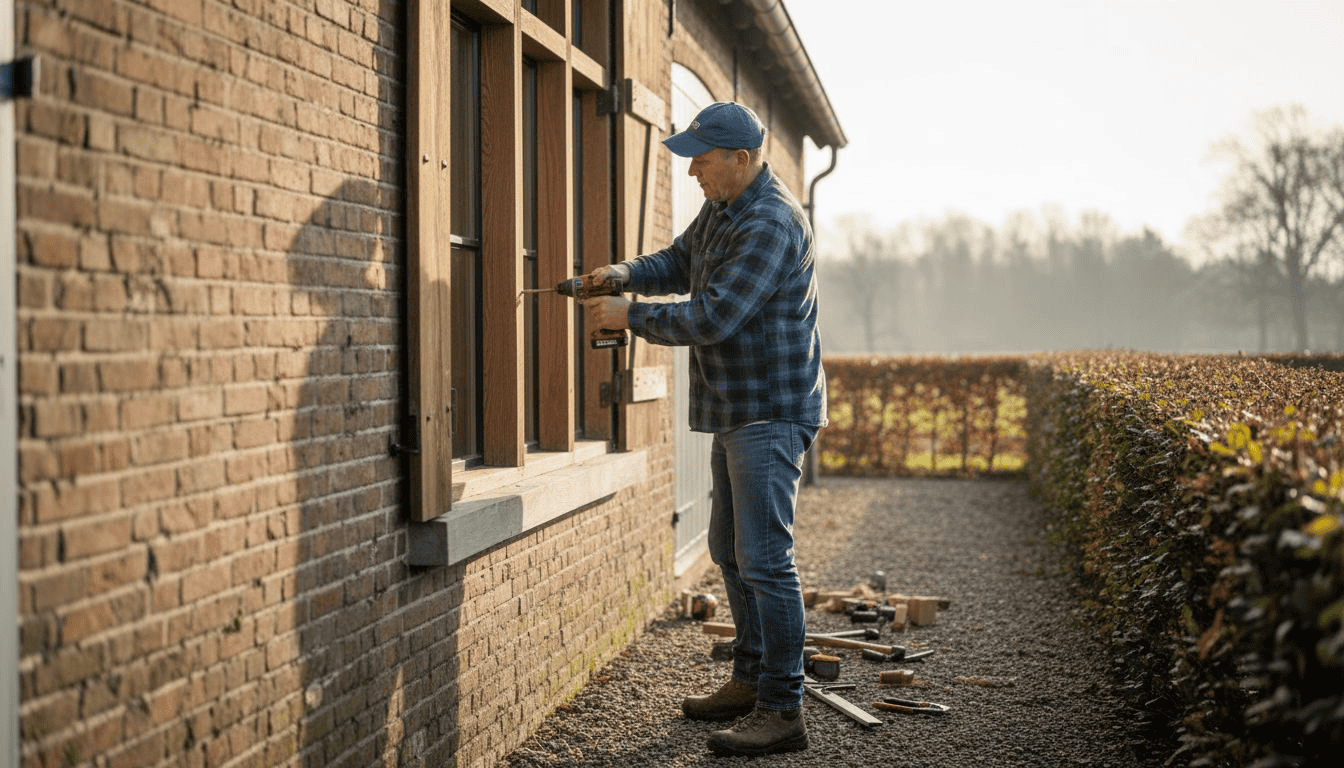 Een man zet een nieuw houten kozijn in de gevel van een boerderij.