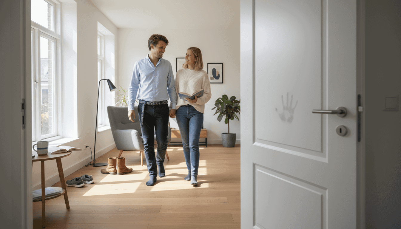 Een stel wandelt door de woonkamer langs een witte opdekdeur.