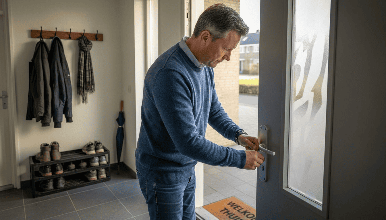 Een huiseigenaar controleert de beveiliging van zijn aluminium deur.