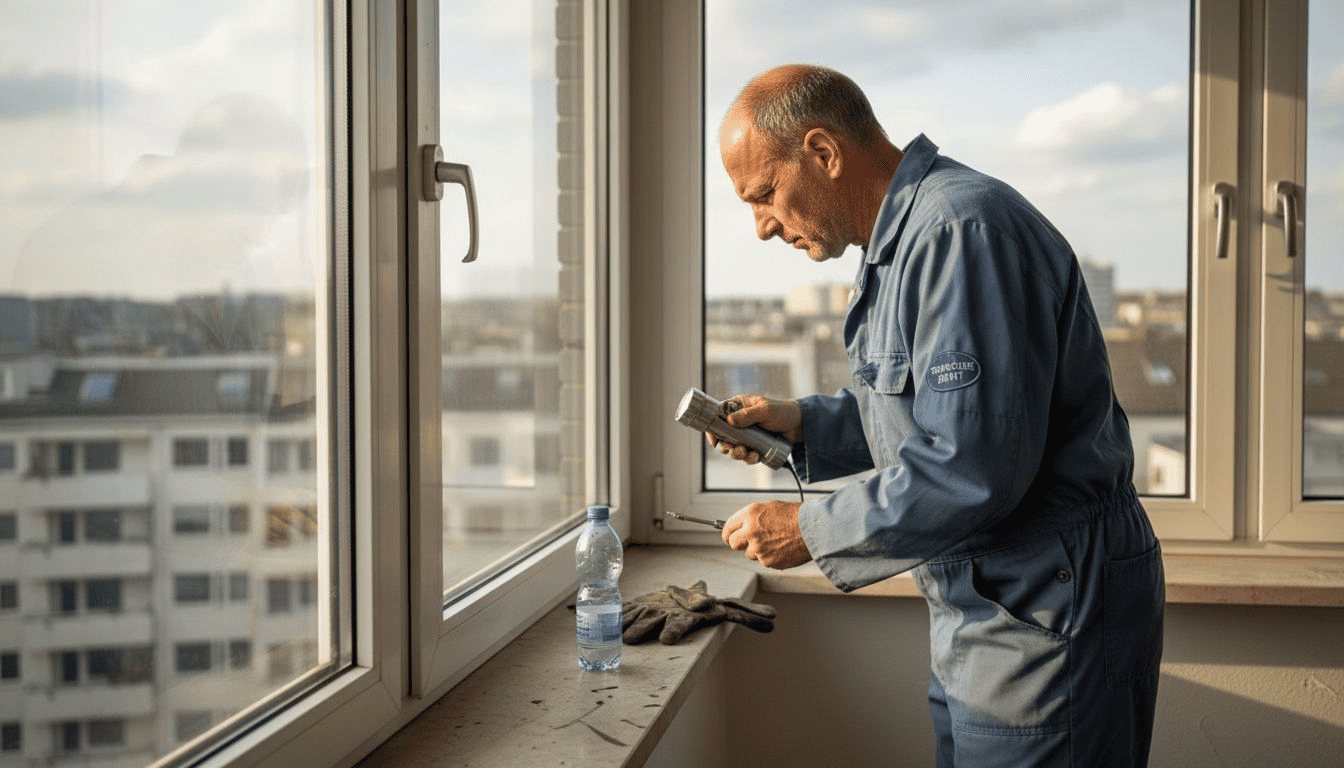 Een monteur controleert of het rubber van het aluminium raam nog goed afsluit.