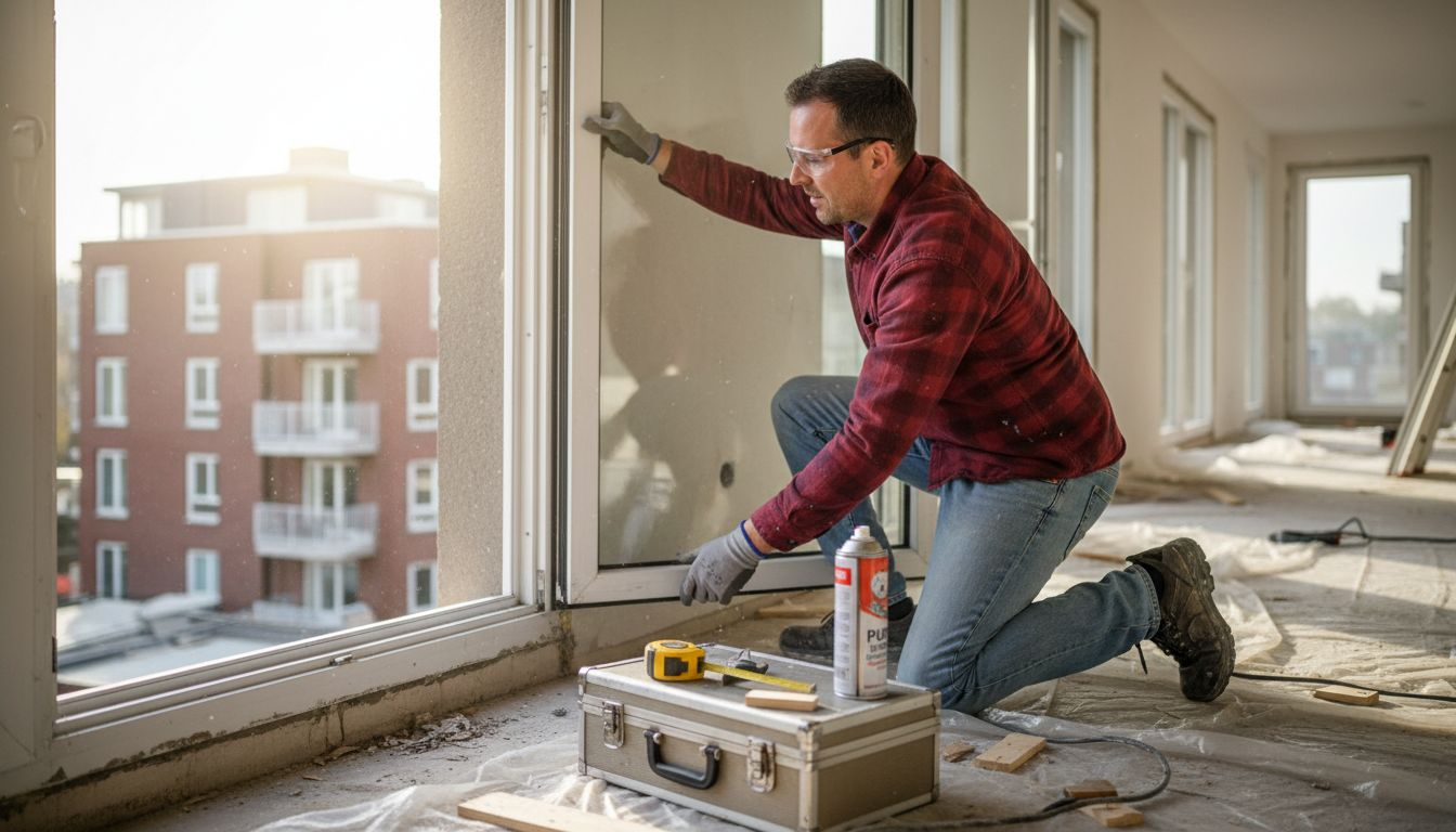 Een vakman monteert een aluminium kozijn in een appartement.