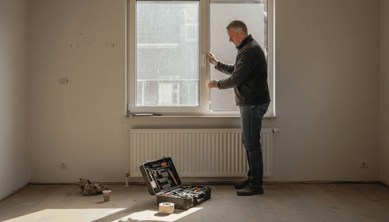 De eigenaar van het huis inspecteert de plaatsing van de aluminium ramen.