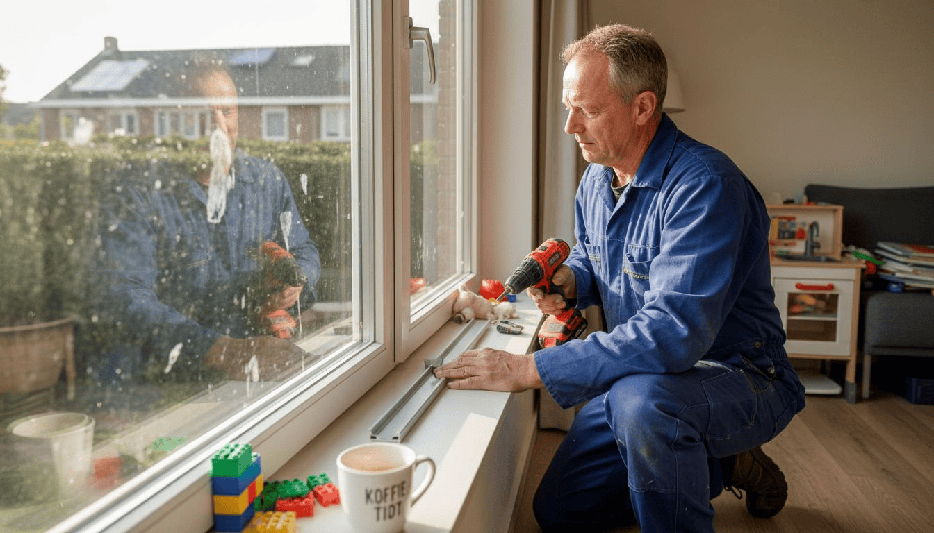 Een vakman plaatst een aluminium glaslat in het kozijn.