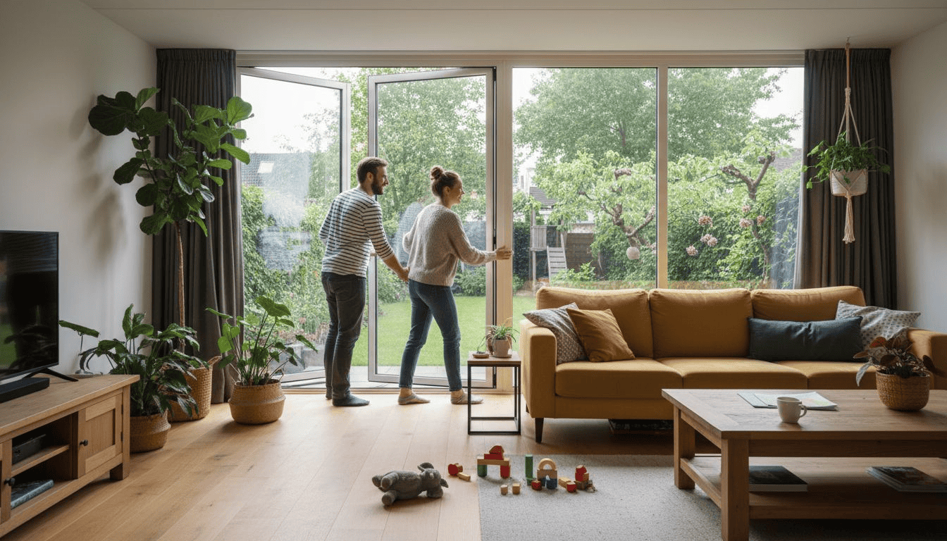 Het gezin schuift de vouwwand open en geniet van de zon die de woonkamer binnenstroomt.
