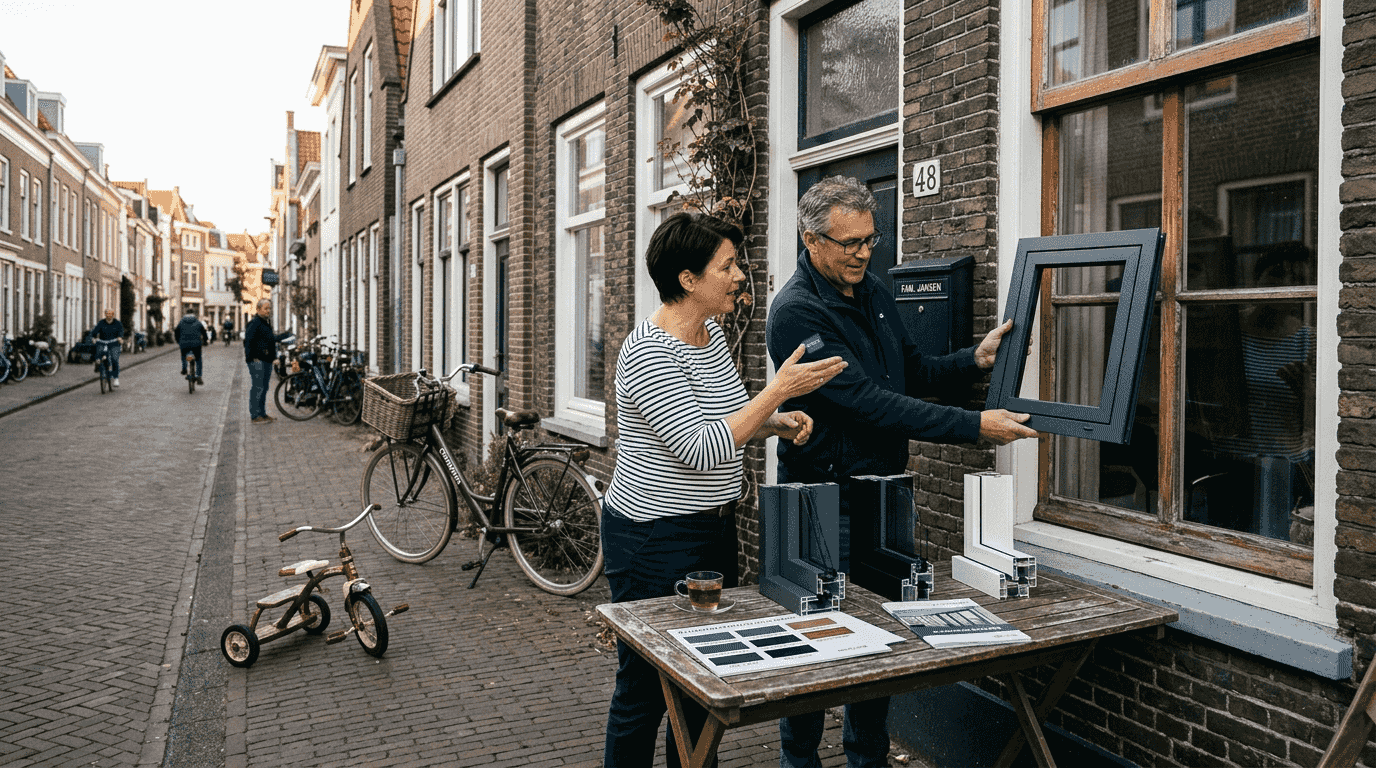 Een stel bekijkt samen bij hun huis welke aluminium kozijnen het beste passen.