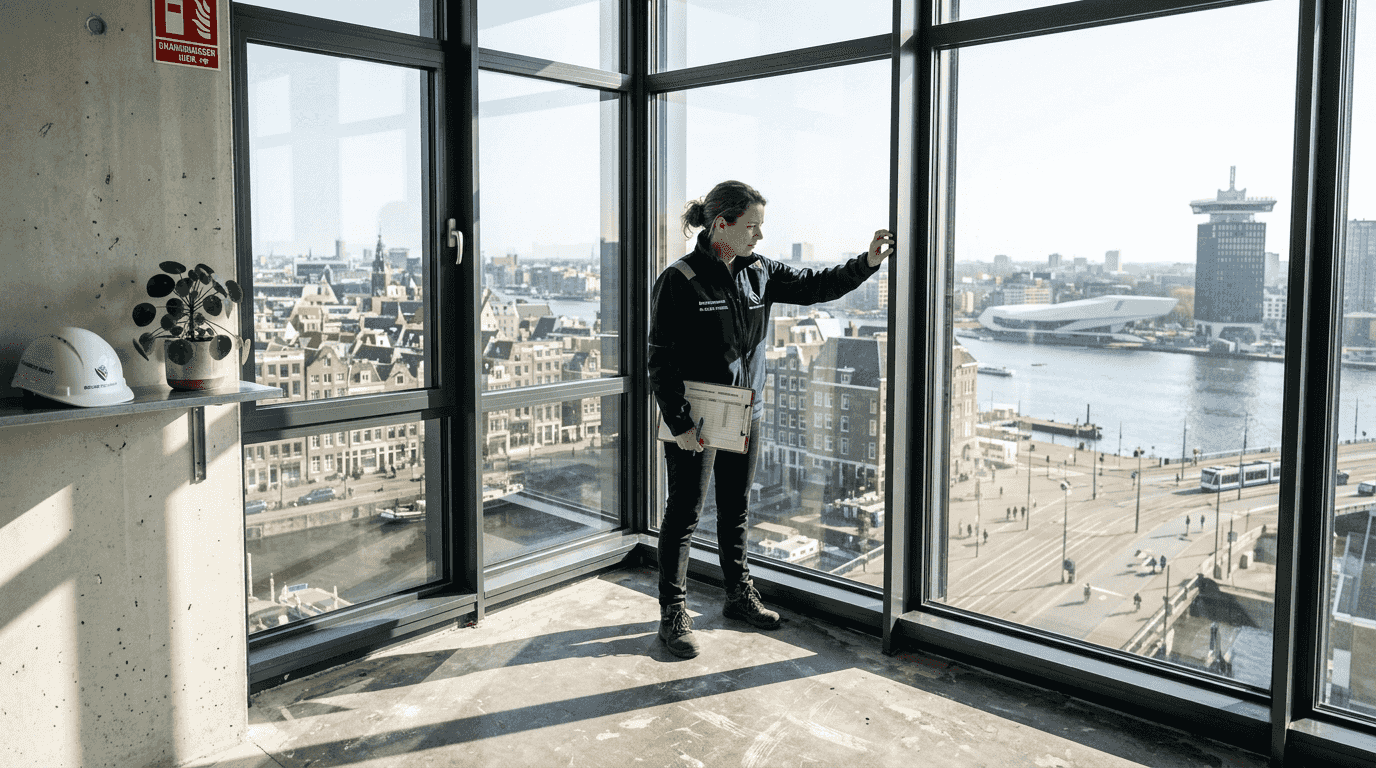 Een bouwkundig ingenieur controleert de aluminium kozijnen van het kantoorgebouw in de stad.