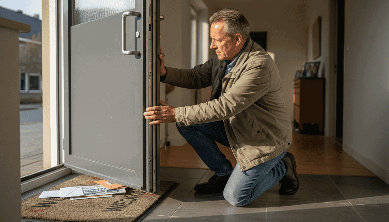 Een soprtige eigenaar controleert of zijn aluminium deur goed beveiligd is.