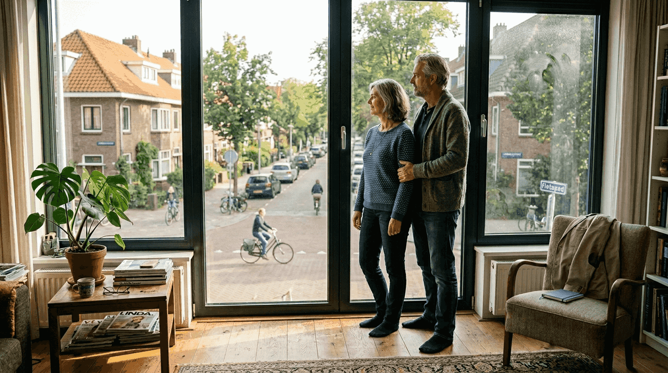 Stel geniet samen van hun huis met een grote aluminium raampartij.