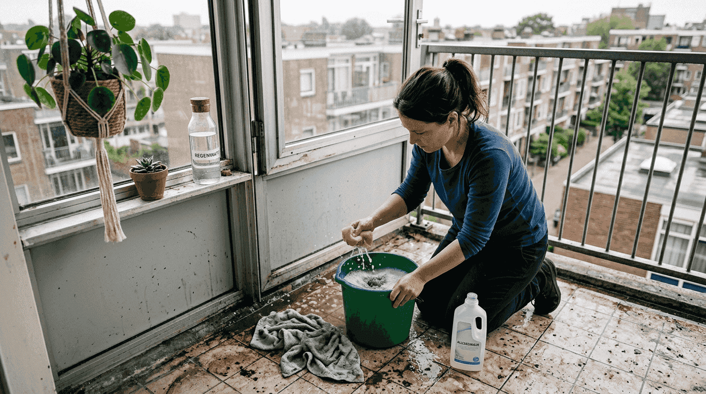 Een vrouw pakt schoonmaakspullen bij het aluminium kozijn bij elkaar.