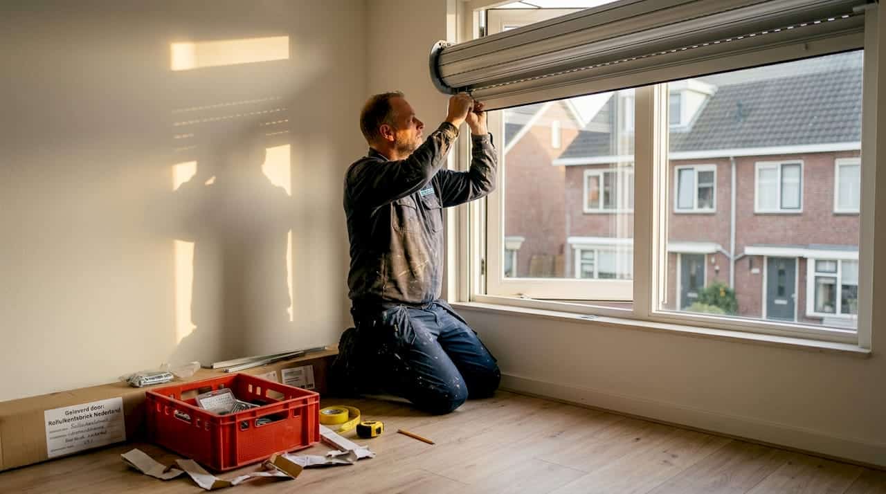 Een monteur bevestigt een aluminium rolluik aan het raam.