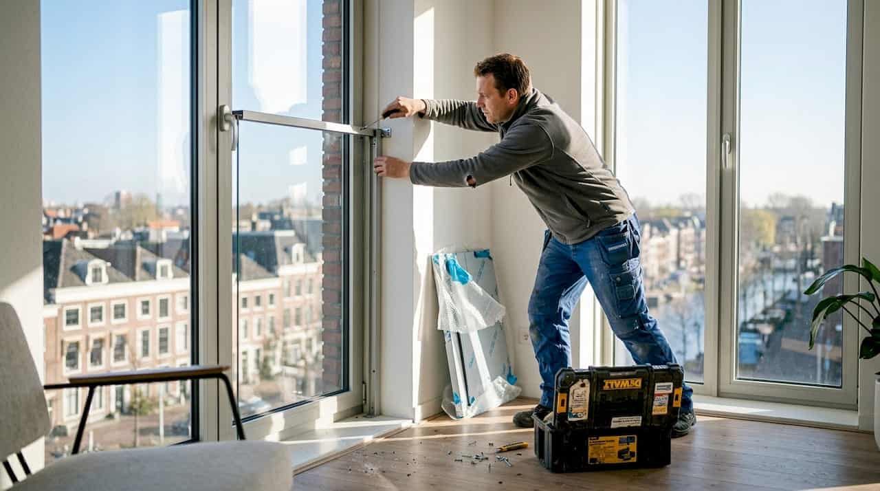 Monteur plaatst aluminium raam met veiligheidsbarrière