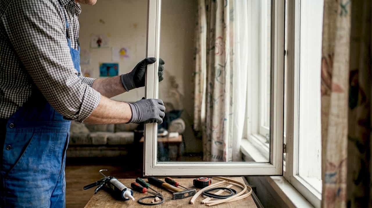 Klusjesman plaatst dubbel glas in de woonkamer