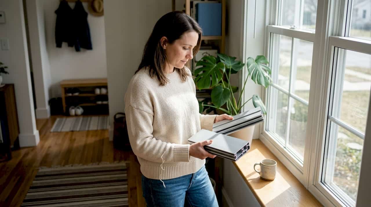 Een woningeigenaar bekijkt verschillende monsters van aluminium kozijnen om een keuze te maken.