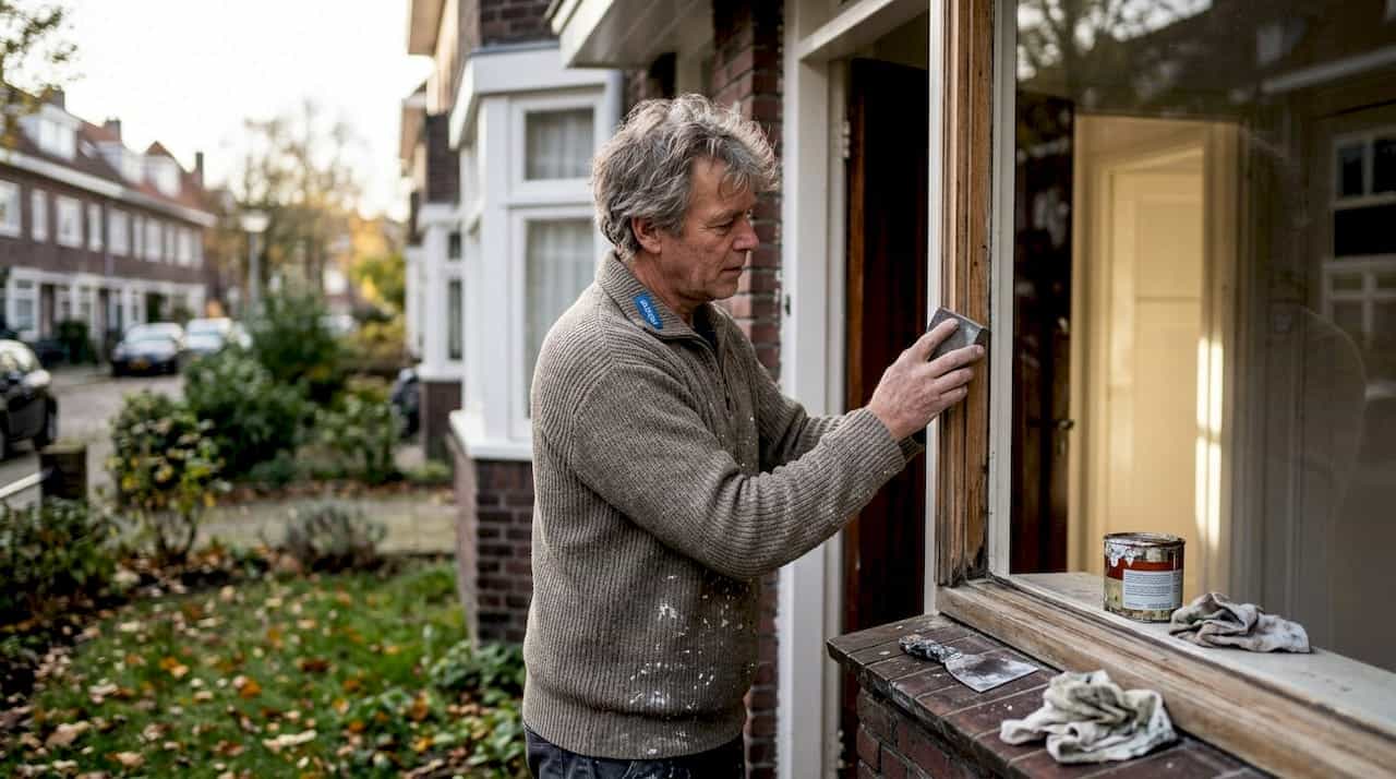 Een timmerman is bezig met het schuren van een oud houten kozijn in een karakteristiek jaren ’30 huis.
