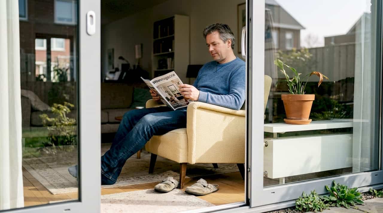 Gezellige woonkamer met moderne aluminium kozijnen en volop natuurlijk licht.