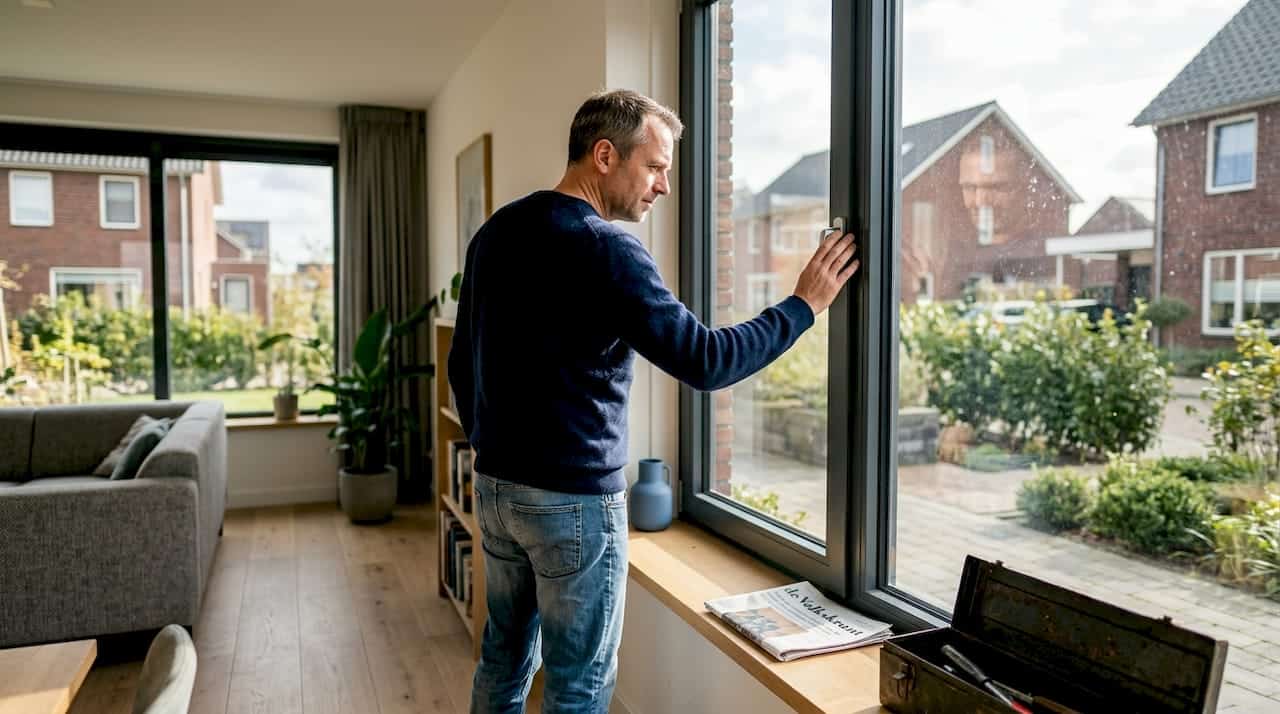 Een man inspecteert de aluminium kozijnen in zijn woning.