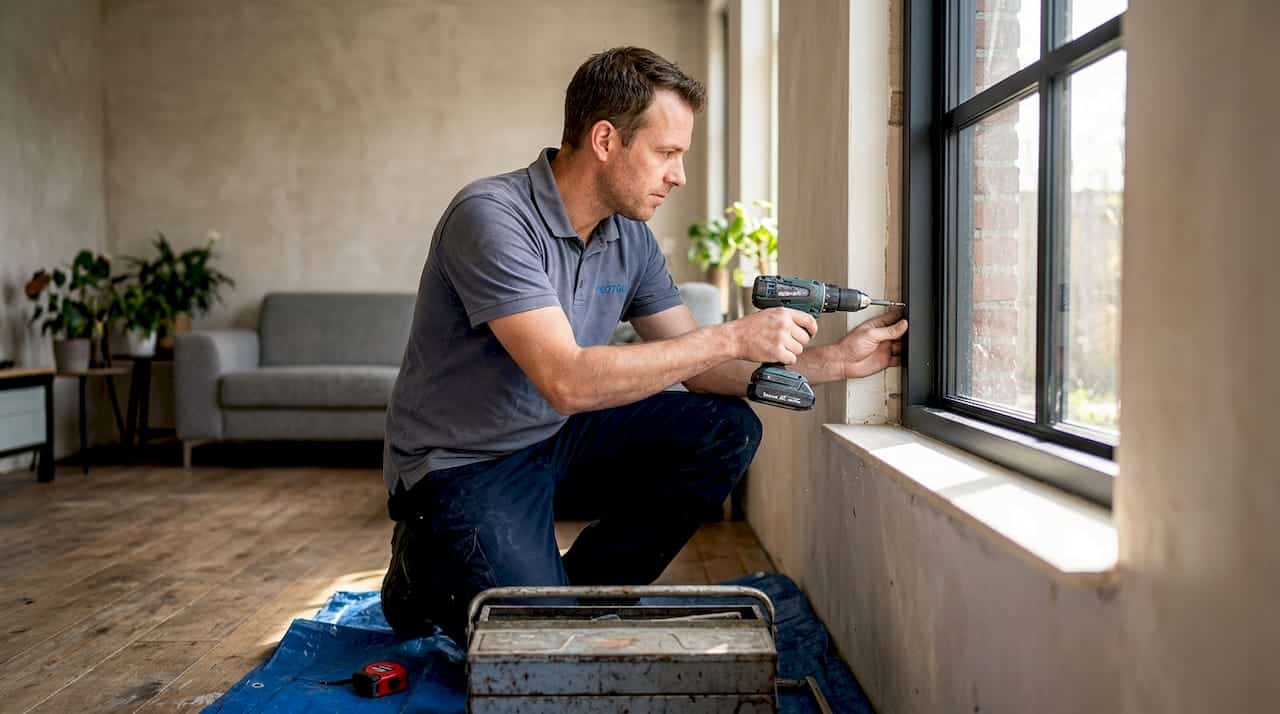 Een vakman heeft een aluminium kozijn in steellook geplaatst.