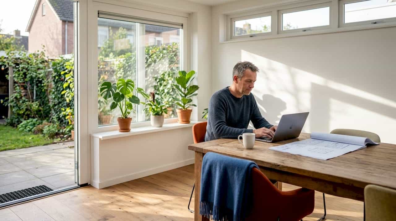Een man zit aan een tafel te werken in een lichte uitbouw, omringd door grote ramen die veel daglicht binnenlaten.