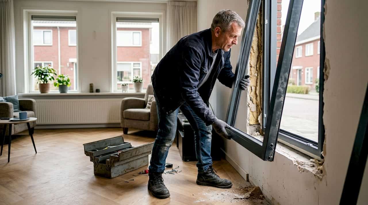 Een vakman plaatst een aluminium kozijn in de woonkamer.