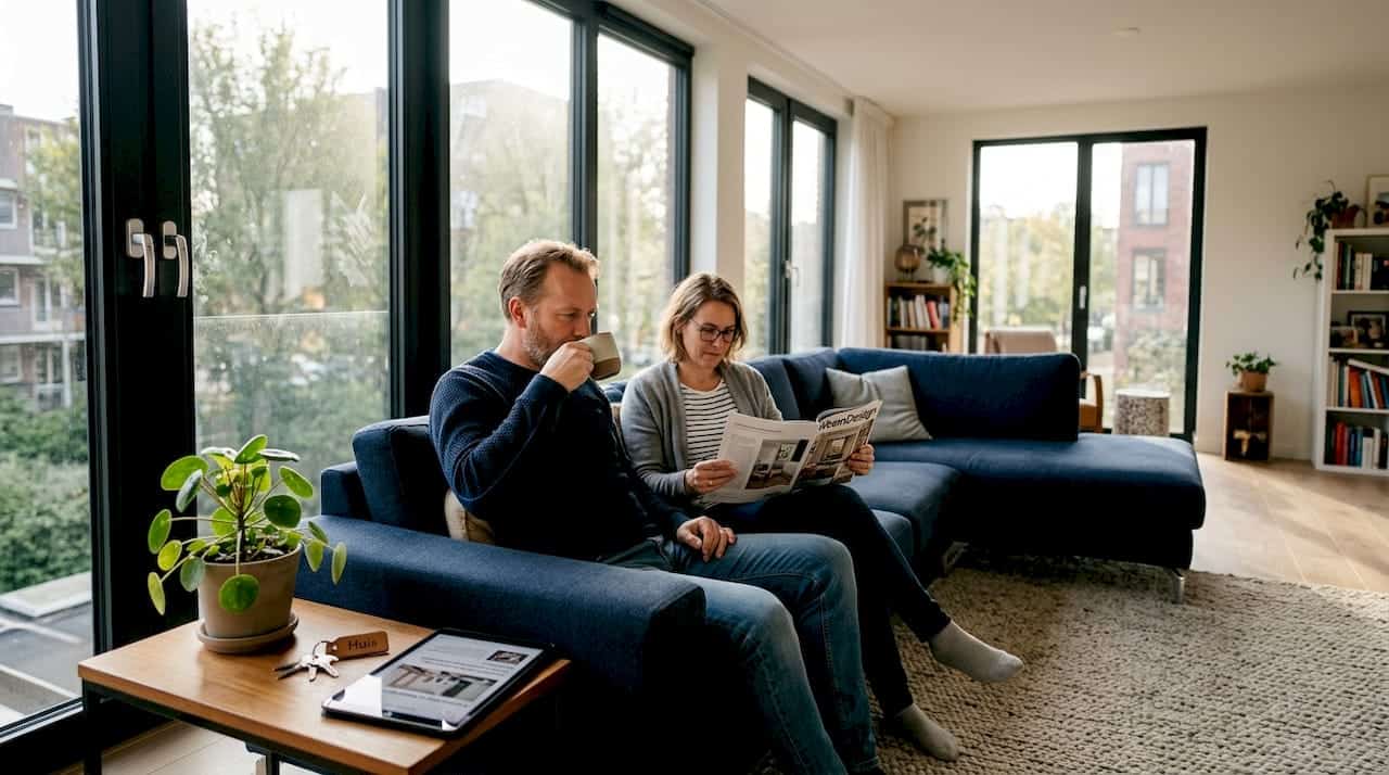 Stel geniet samen van een ontspannen moment bij een moderne aluminium pui.