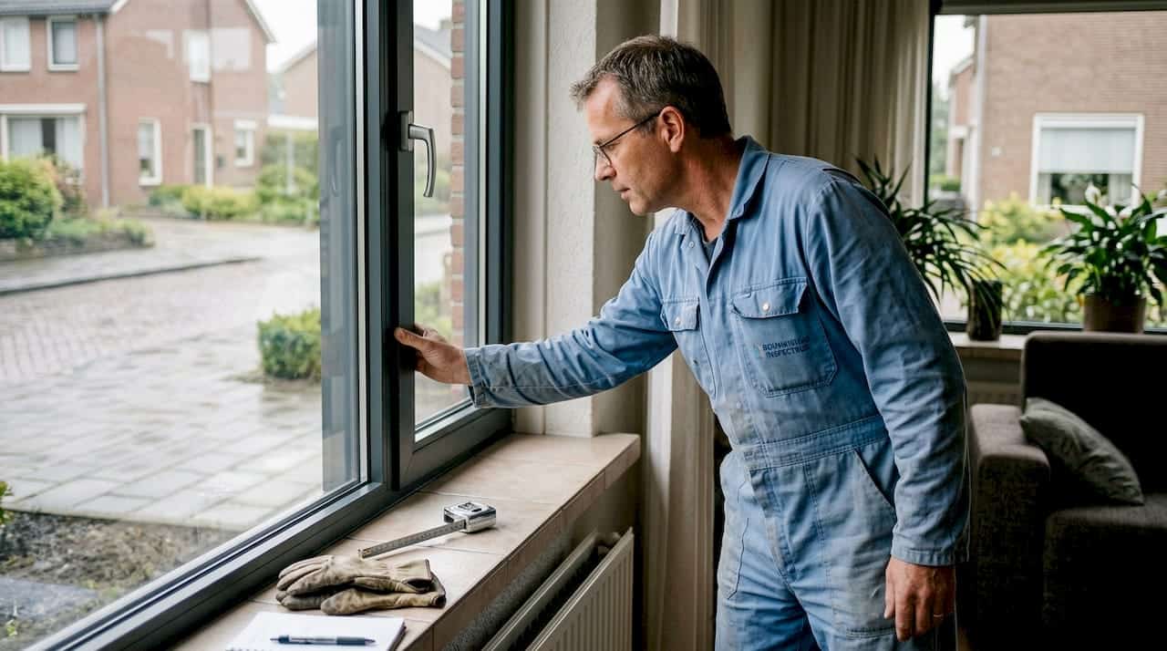 Een inspecteur beoordeelt het aluminium kozijn op brandveiligheid.