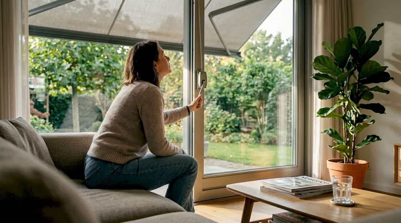 Een vrouw laat bij het aluminium kozijn de zonwering naar beneden zakken.