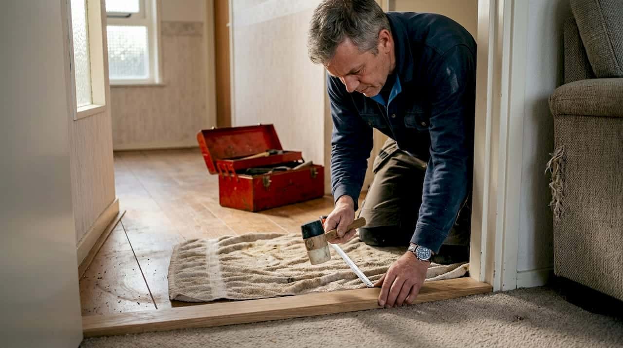 Man brengt houten dorpel aan in de deuropening