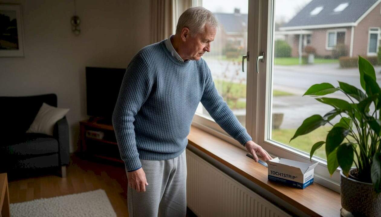 Een man bekijkt of er koude lucht langs zijn aluminium kozijn naar binnen komt.