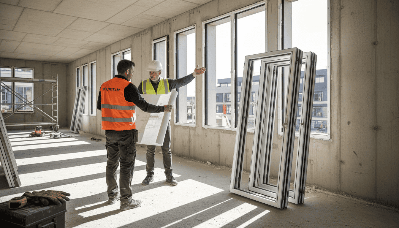 Aannemer en architect bekijken samen de nieuwe kozijnen op de bouwplaats.