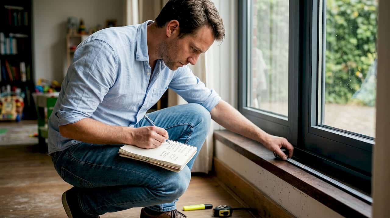 Man controleert de afmetingen van een aluminium kozijn met een meetlint en noteert alles zorgvuldig in zijn notitieboek.