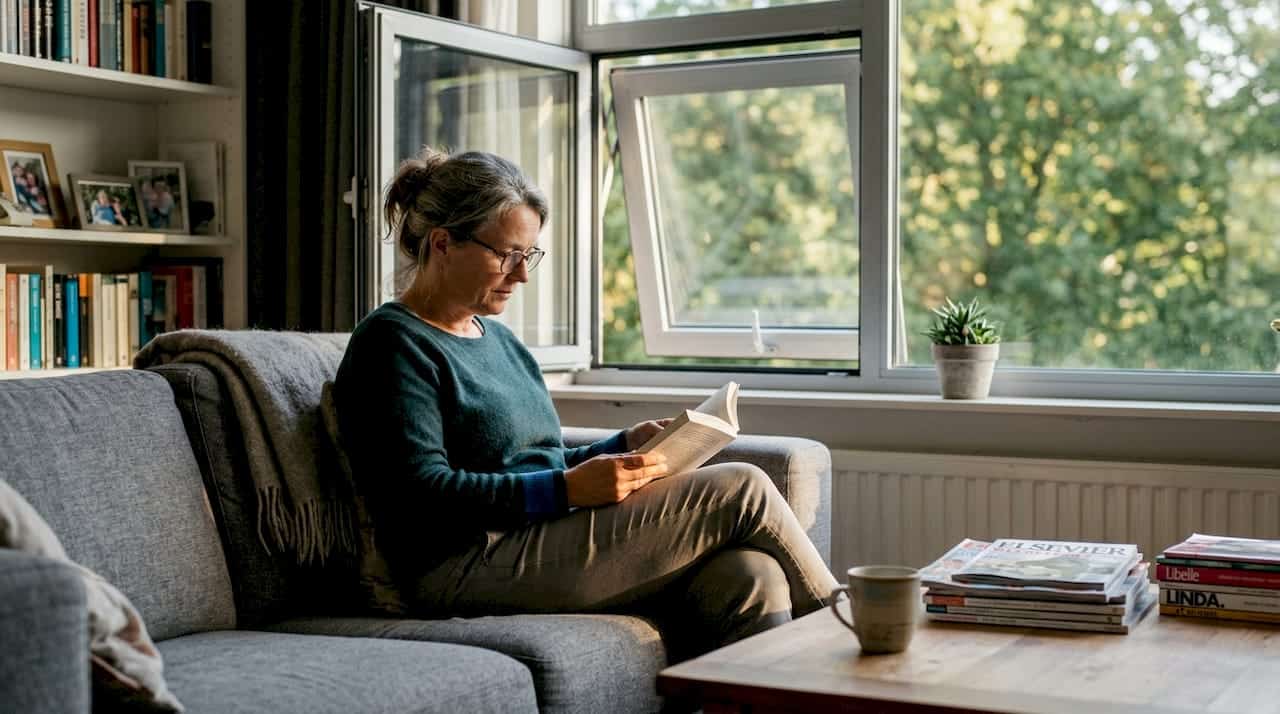 Een vrouw zit in de woonkamer te lezen bij het open raam.