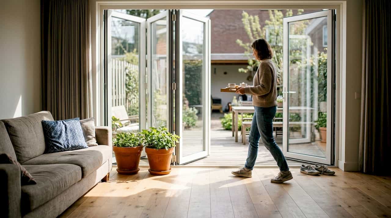 Ruime woonkamer met een grote schuifpui die open kan, waardoor het daglicht volop binnenvalt.