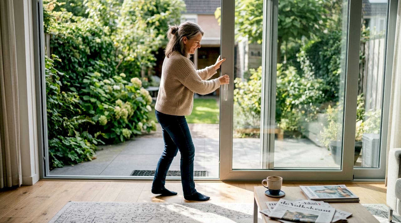 In een zonnige woonkamer schuift een vrouw de glazen pui open.