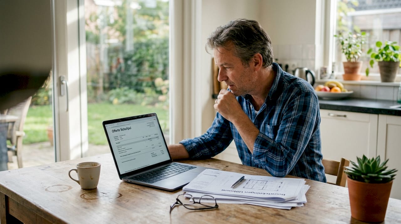 Thuis bekijkt de huiseigenaar rustig verschillende offertes voor een nieuwe schuifpui.