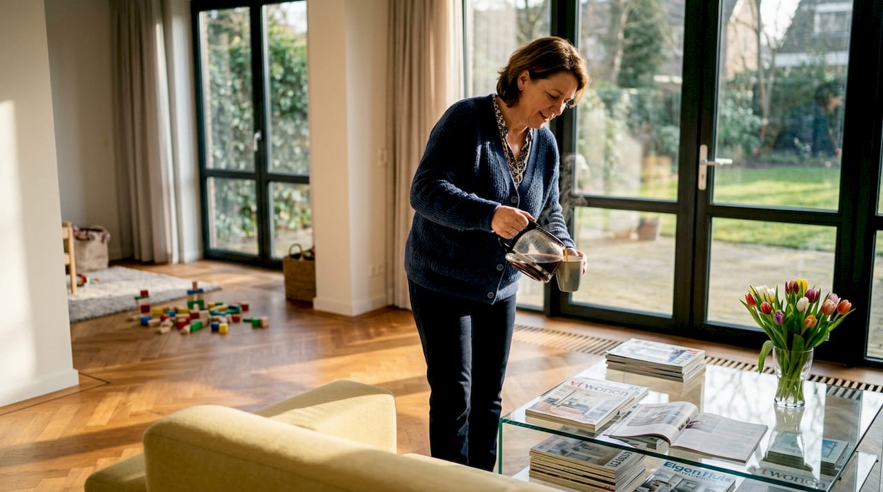 Ruime en lichte woonkamer met aluminium kozijnen, waar het daglicht volop naar binnen valt.