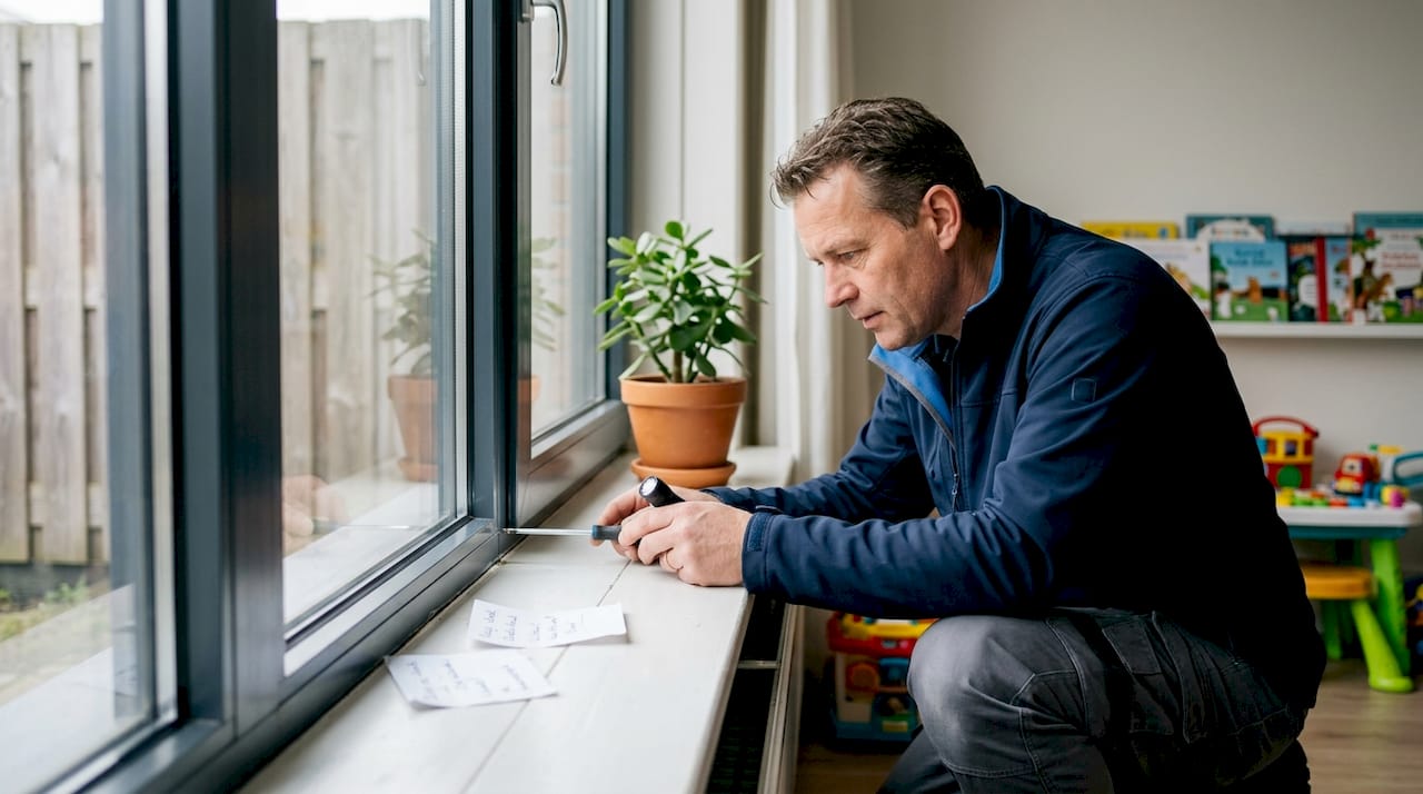 Een man inspecteert de afdichting van het aluminium kozijn in de woonkamer.