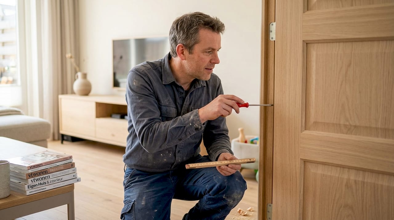 In een lichte, modern ingerichte woonkamer wordt de binnendeur vervangen door een nieuwe.