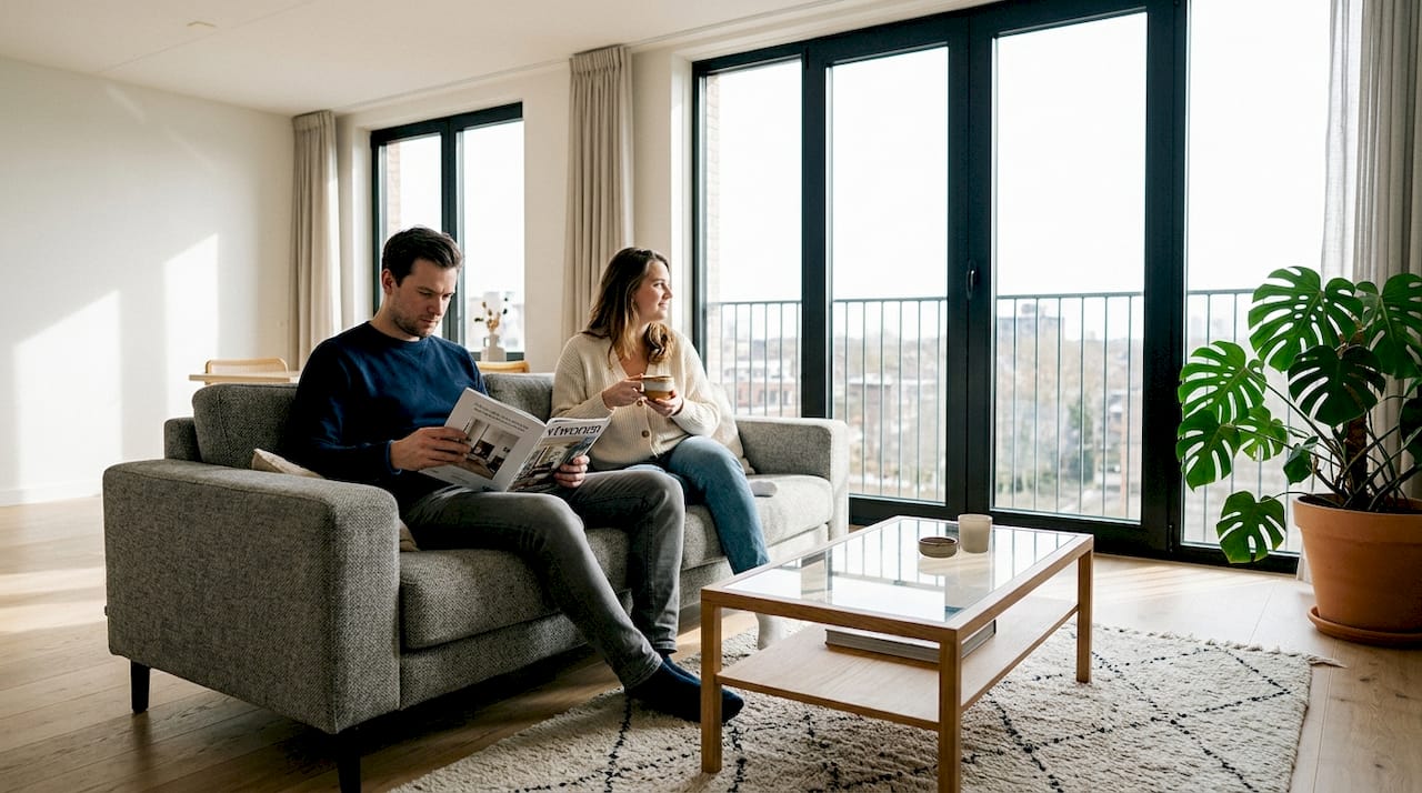 Een stel zit samen in een lichte woonkamer met strakke, minimalistische kozijnen.