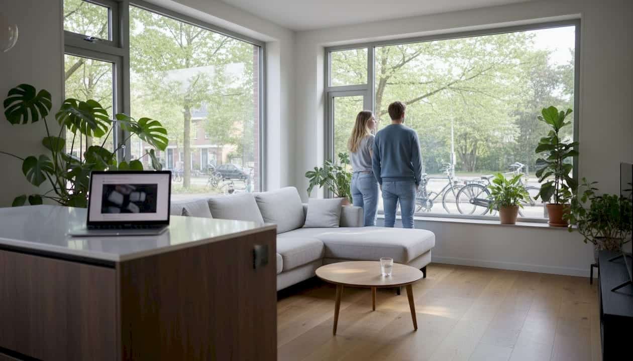Stelletje bij de aluminium ramen in een modern huis