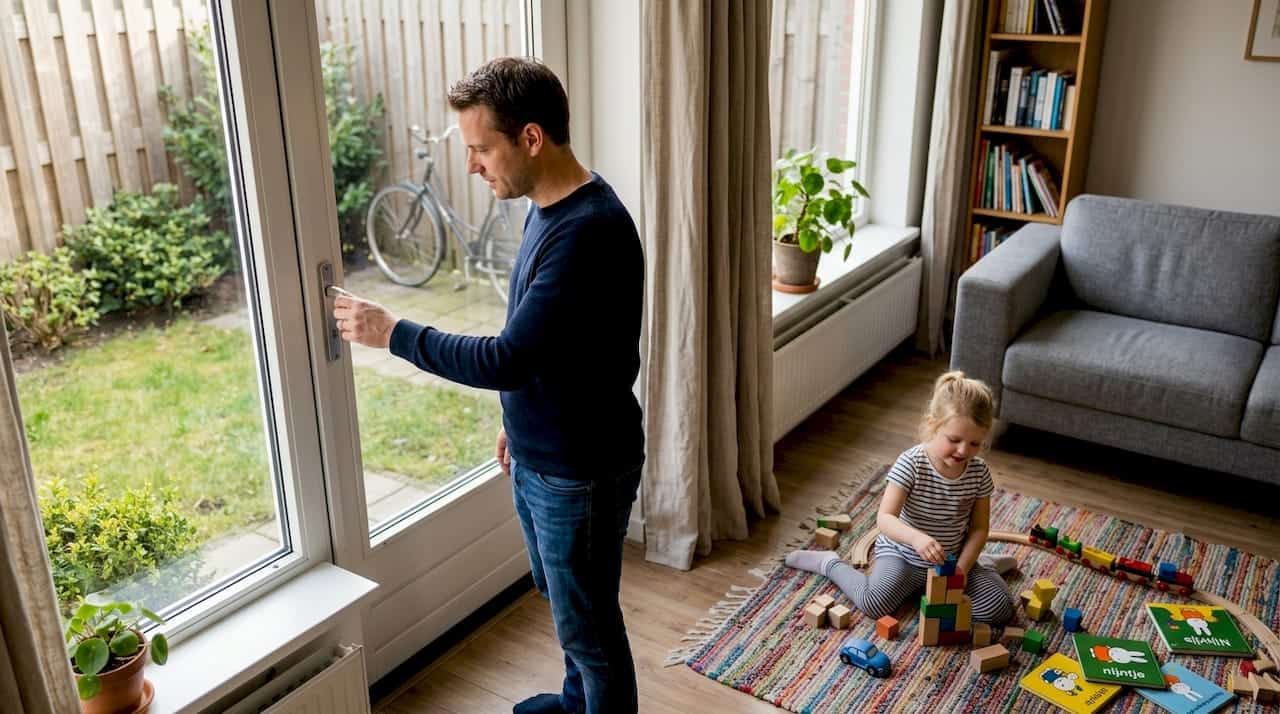 Vader kijkt het brandwerende raam in de woonkamer na