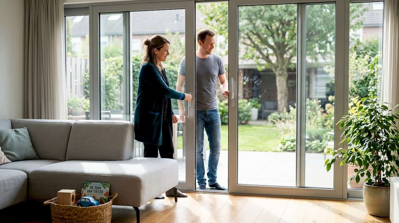 Een stel schuift de moderne glazen deur in de woonkamer open.