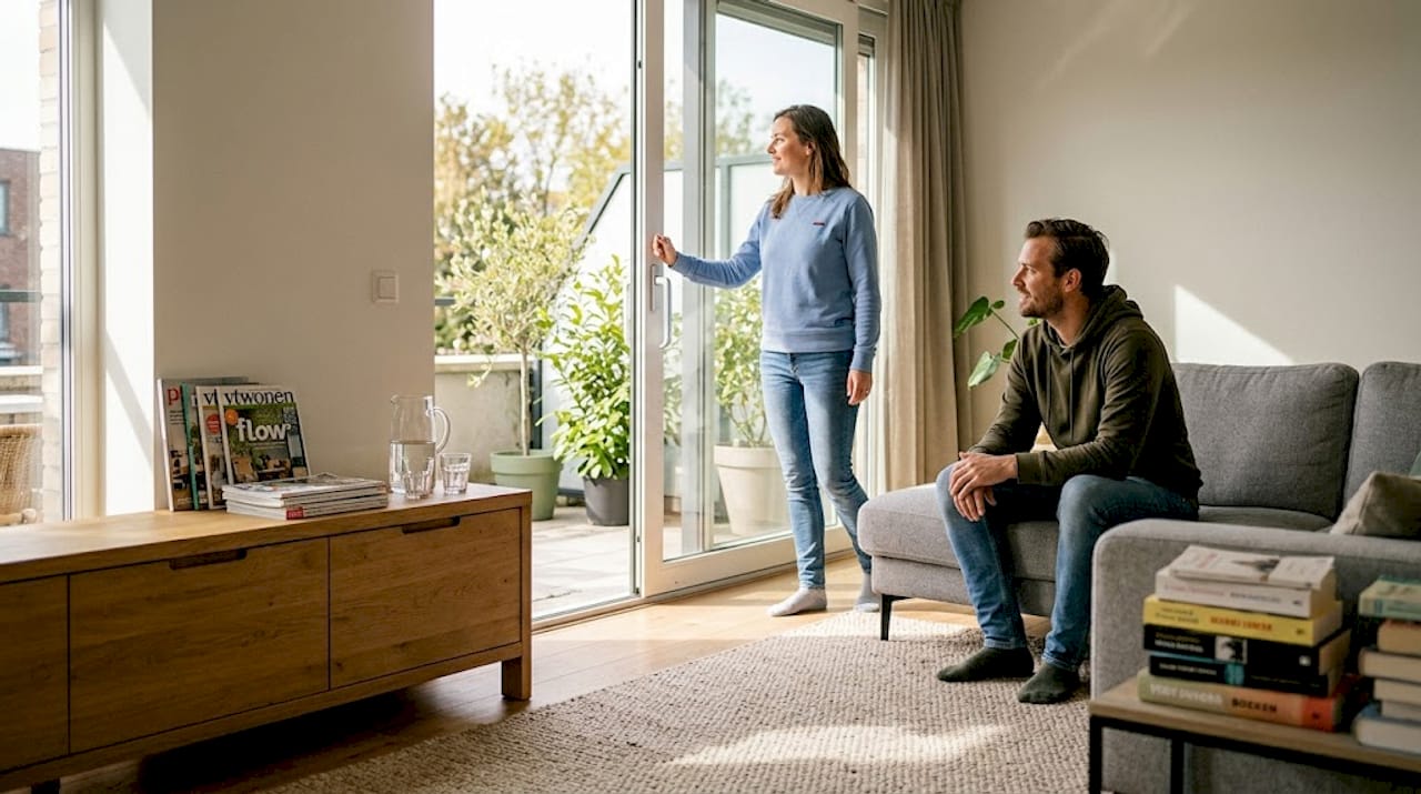 Stel opent schuifdeur in eigentijdse woonkamer