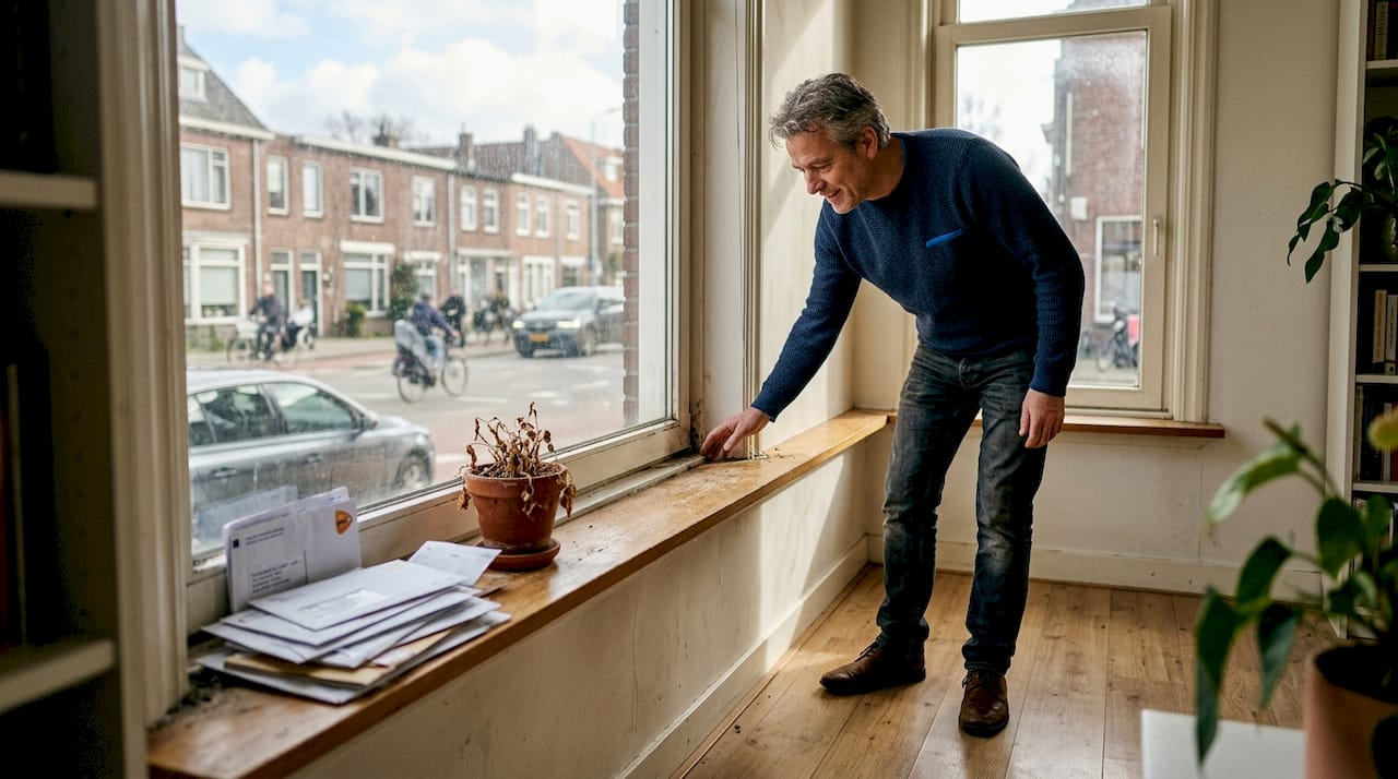Een man bekijkt aandachtig het kozijn van het raam in de woonkamer.
