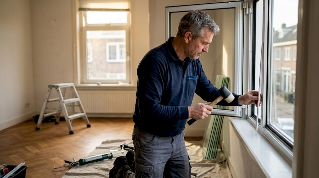 Een monteur brengt een glaslat aan in een aluminium kozijn.