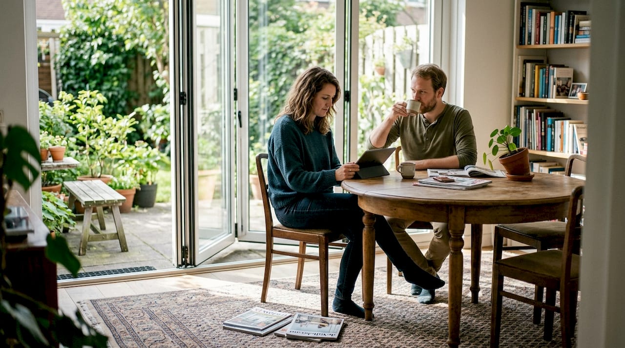 Lichte woonkamer met openslaande vouwwand waar de ochtendzon binnenvalt