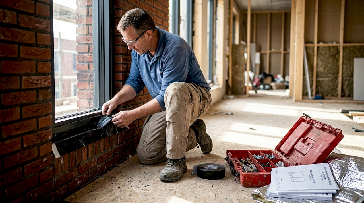 Een monteur brengt op locatie kit aan rondom een nieuw geplaatst kozijn.
